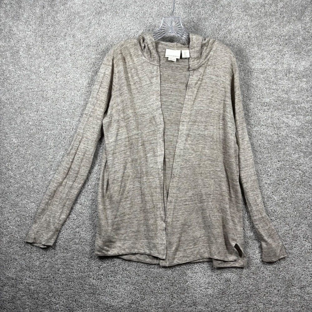 Cynthia Rowley Women L Taupe 100% Linen Hooded Open Cardigan Sweater Lagenlook